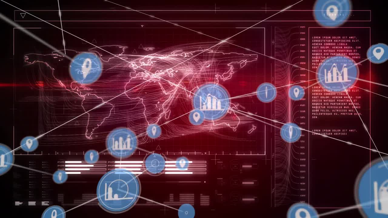 animación de la red de iconos digitales sobre la interfaz con el procesamiento de datos contra un fondo rojo