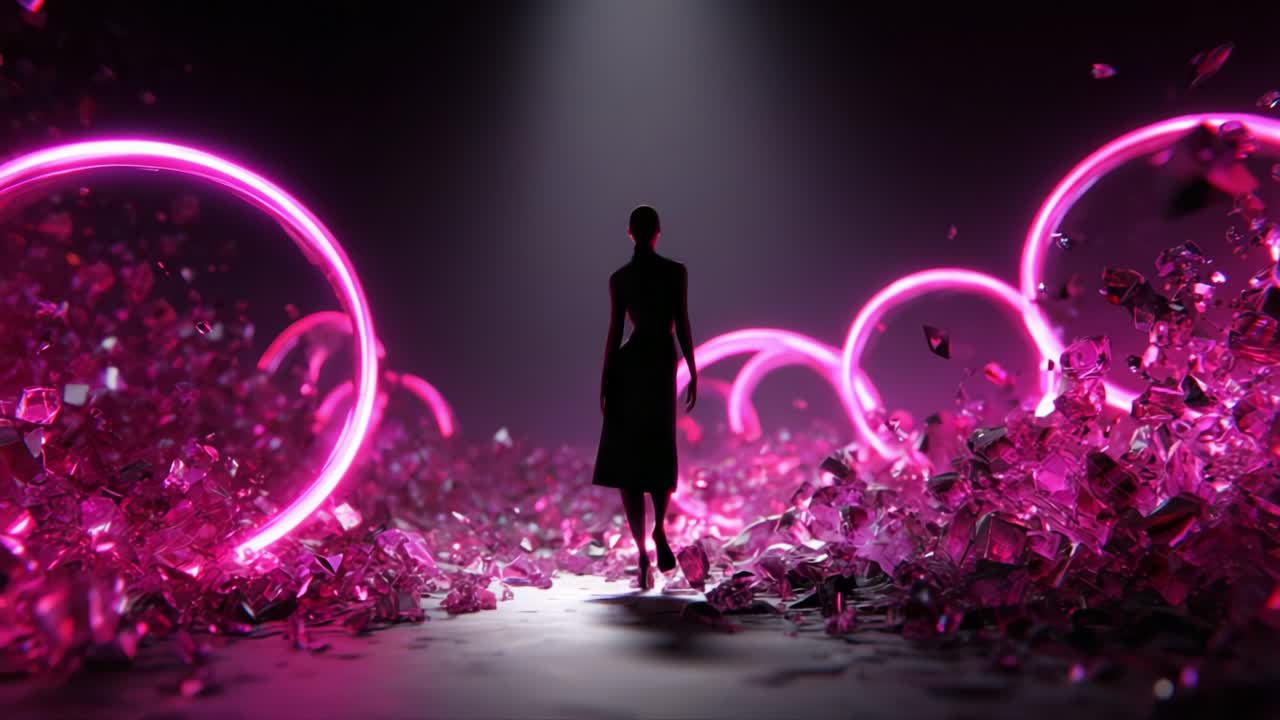 A Mysterious Silhouette Walks Through a Stunning Visual Landscape of Sparkling Crystals and Neon Rings, Creating an Alluring Atmosphere of Enchantment and Intrigue in the Environments of Light and Color