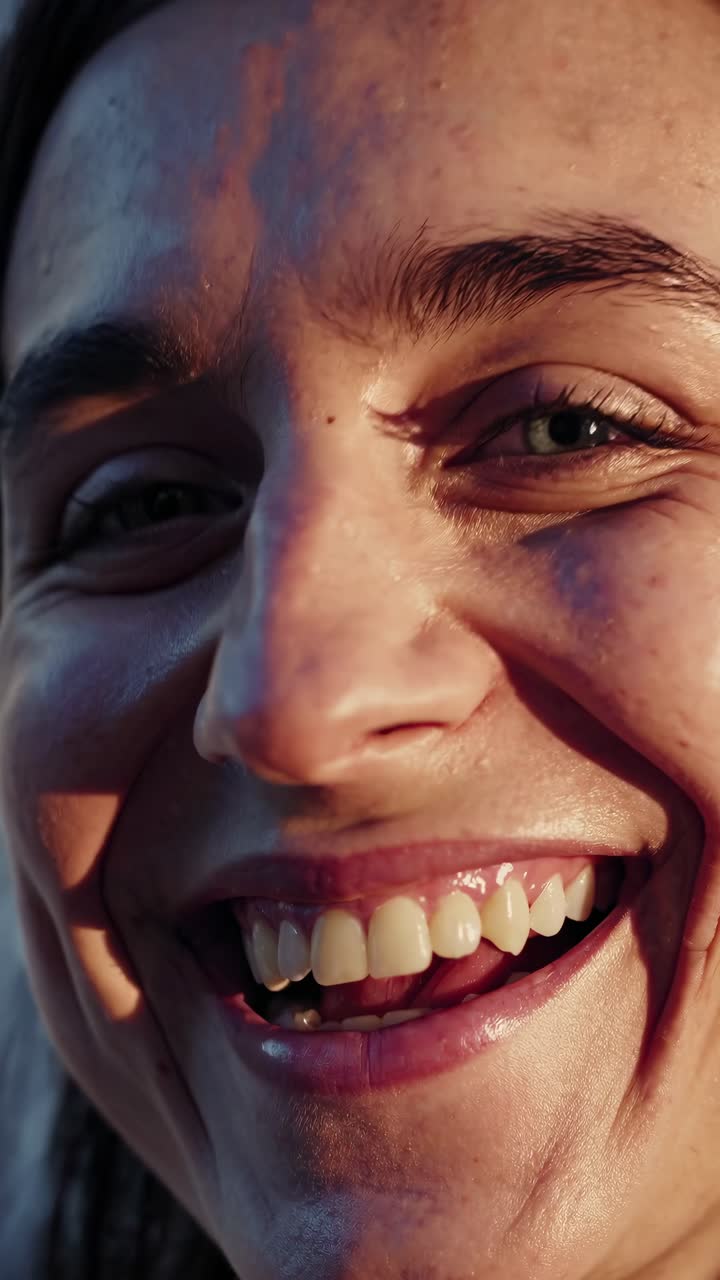 Close-up video of a smiling person, capturing natural emotion with a low-angle shot