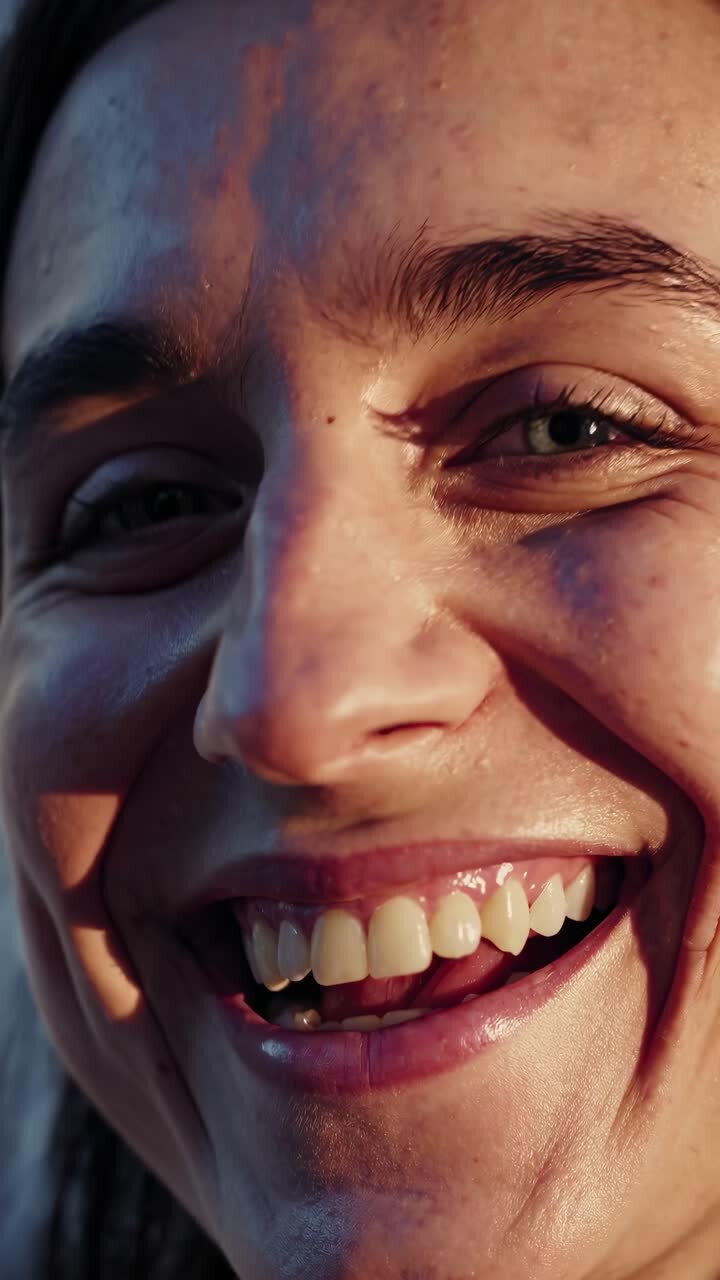 Close-up video of a smiling person, capturing natural emotion with a low-angle shot