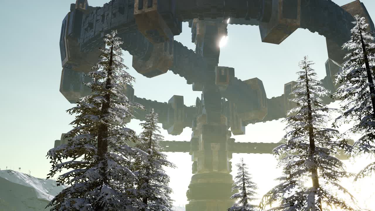 해가 지면서 숲 위를 떠다니는 ufo와 함께 빛의  ⁇