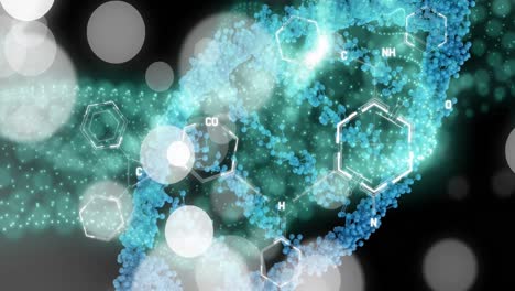 animation of dots forming dna helixes over molecule structures and lens flares on black background