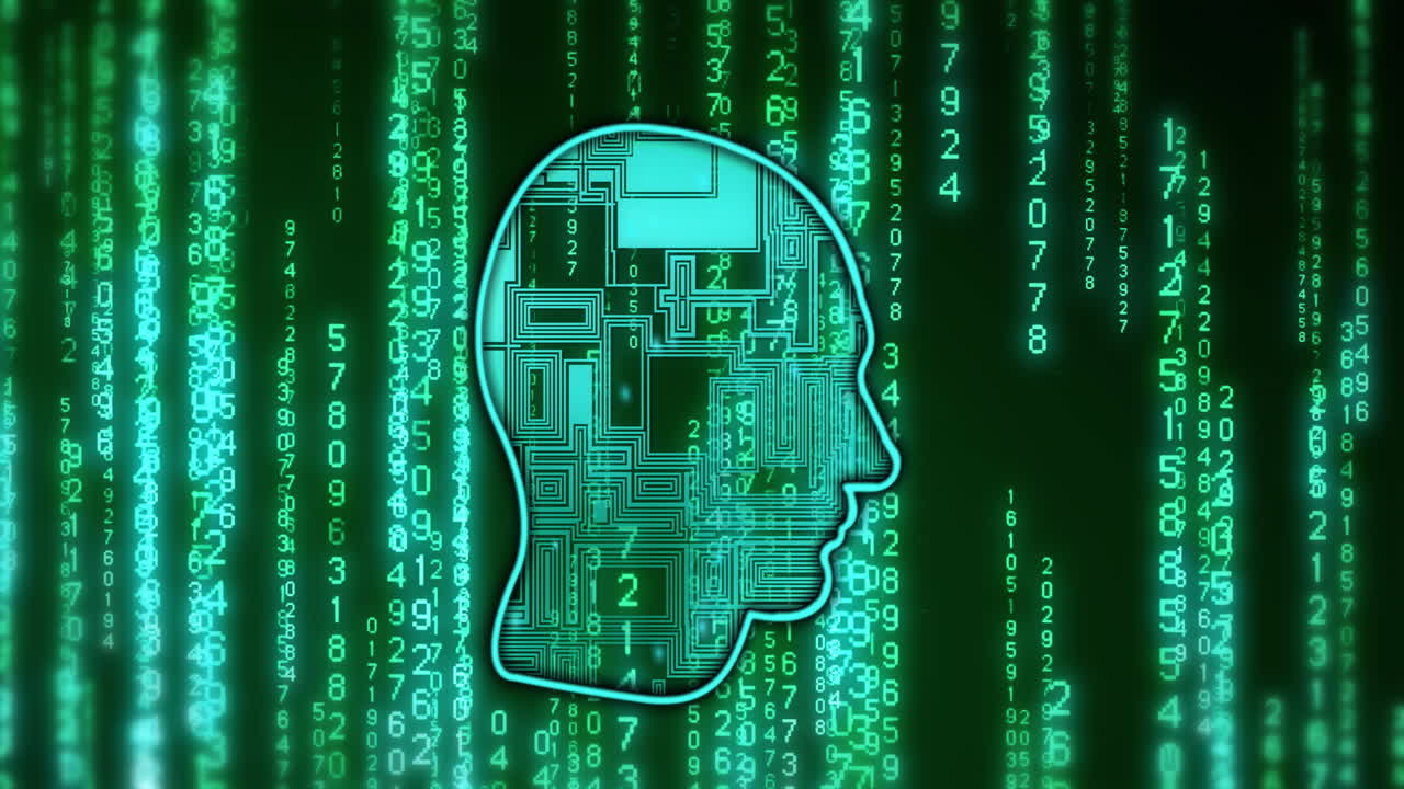 animación de texto ai, cerebro y procesamiento de datos de codificación binaria sobre un fondo oscuro