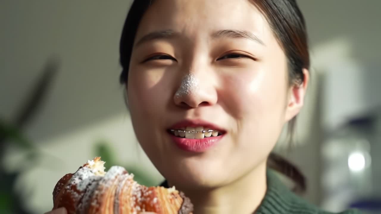 Enjoying a Delicious Pastry in a Cozy Cafe During a Sunny Afternoon