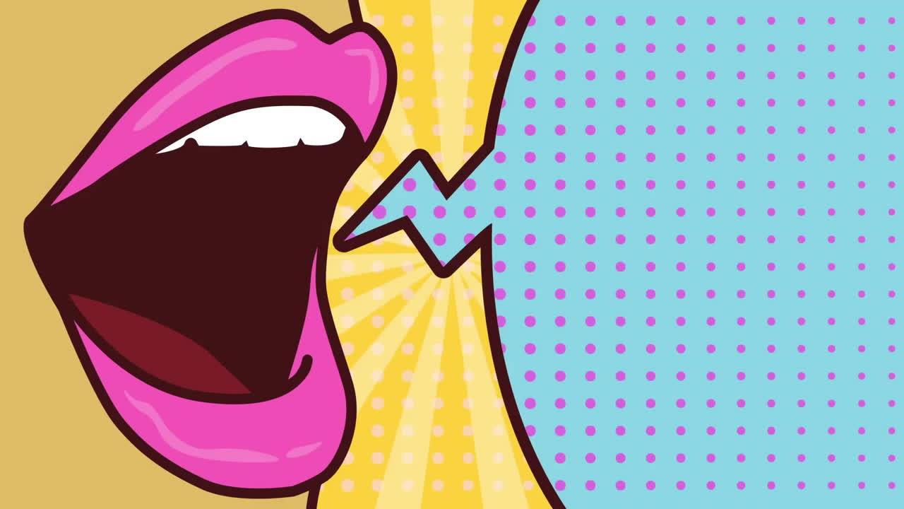 Open mouth with pink lips and comic-style speech bubble animation