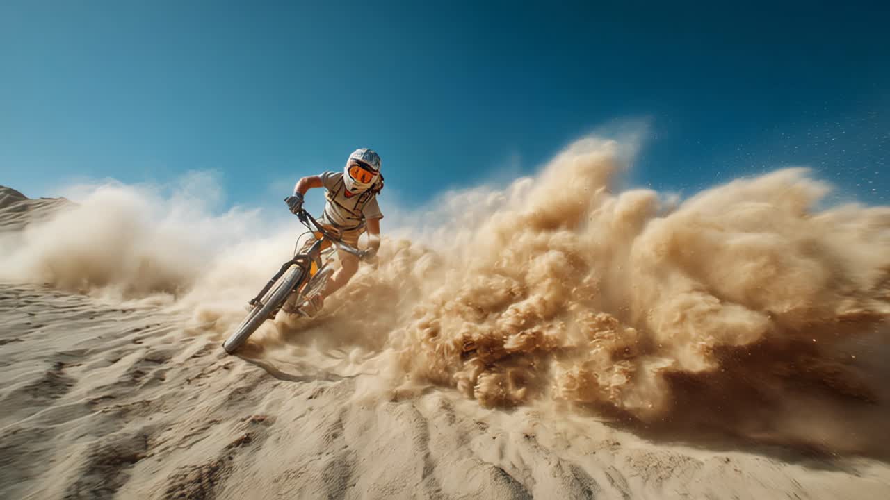 Bicyclist bravely descends sandy dune with flying sand trail