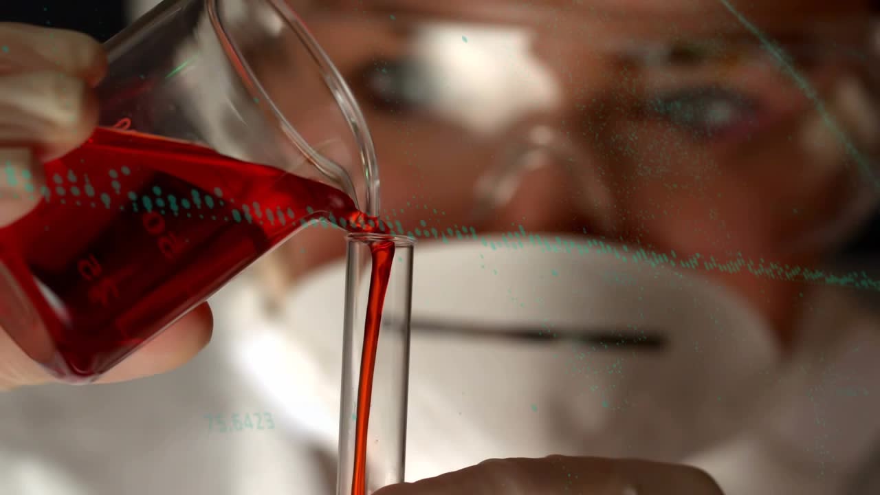 Female technician tilting beaker pouring red liquid into tube for test teal dots sweeping over pour