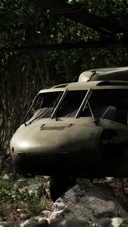 close-up of a military helicopter in the forest