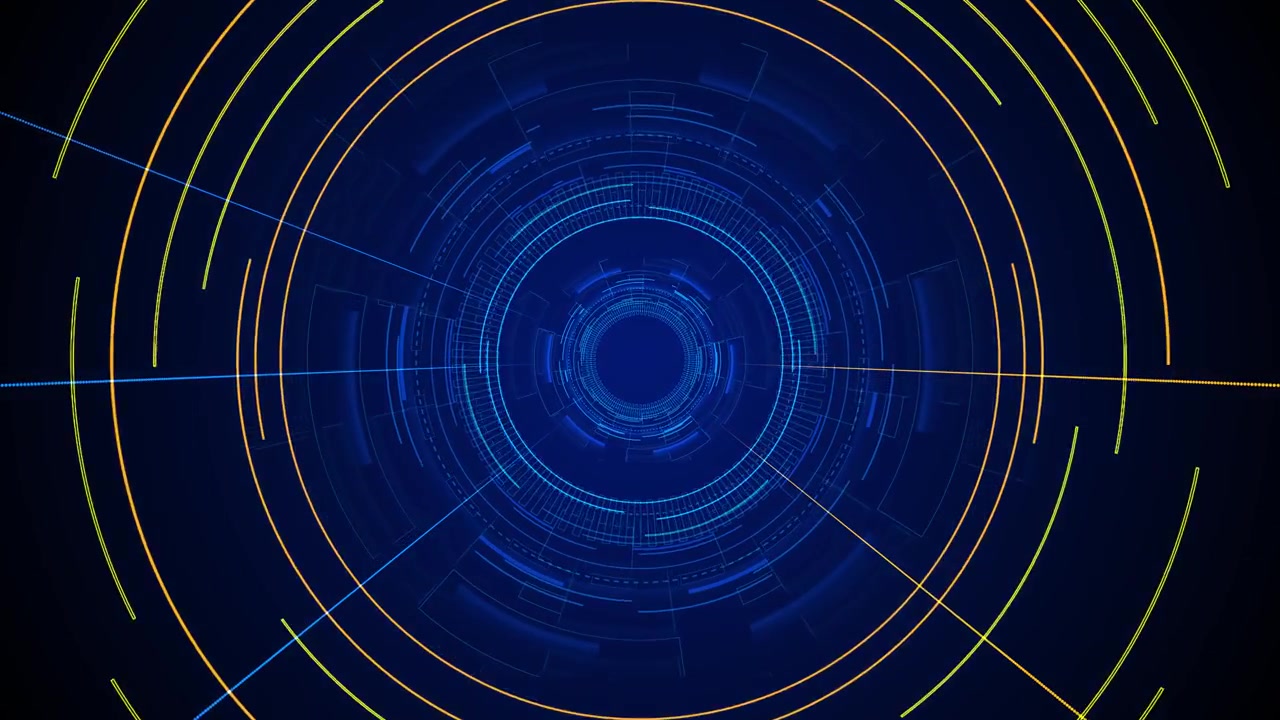 Blå cirkulær HUD-interface tunnel, glødende ringe, radiale målere, orange guidelinjer, dyb teknologi