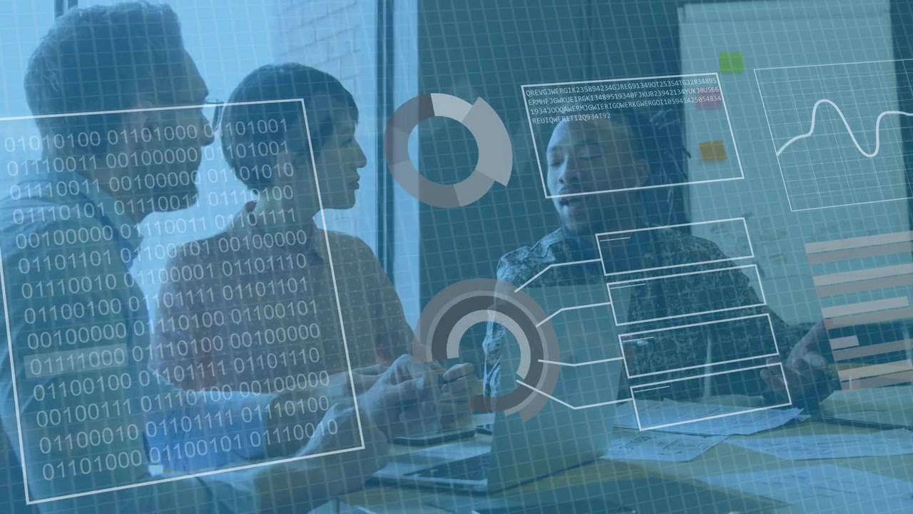 Woman speaking, pointing at laptop, team analyzing business data with charts shifting over laptop