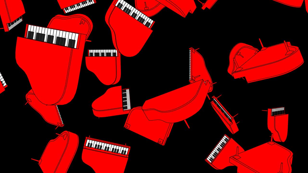 Molti pianoforti rossi su sfondo nero