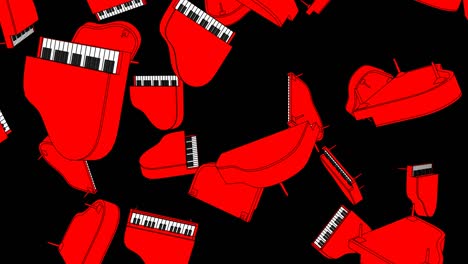 muchos pianos rojos sobre un fondo negro.