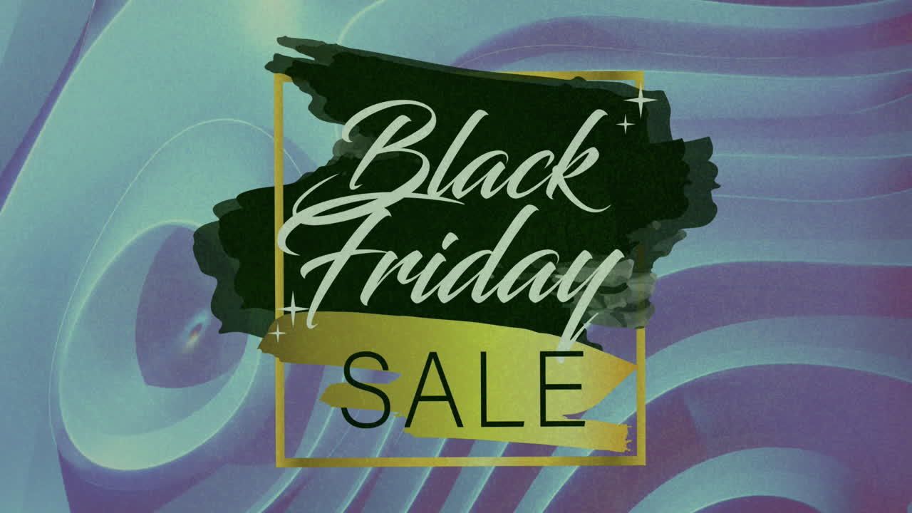 Animazione digitale di un banner testuale "Saldi Black Friday" su un effetto ondulato texturizzato su sfondo blu.