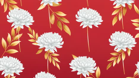 seamless floral pattern with white chrysanthemums and golden leaves on a red background