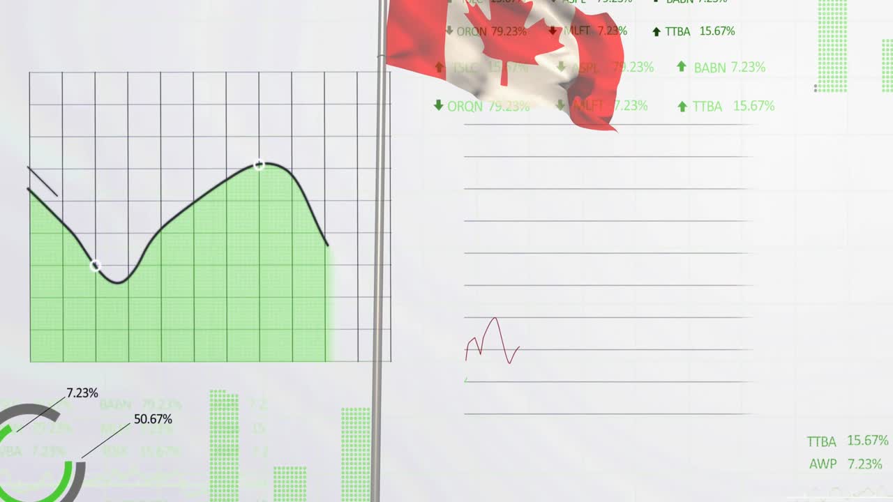 Animation of waving canada flag over financial data processing