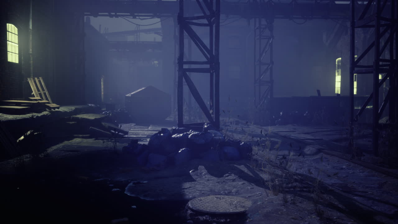 Abandoned industrial site with debris in low light during nighttime exploration