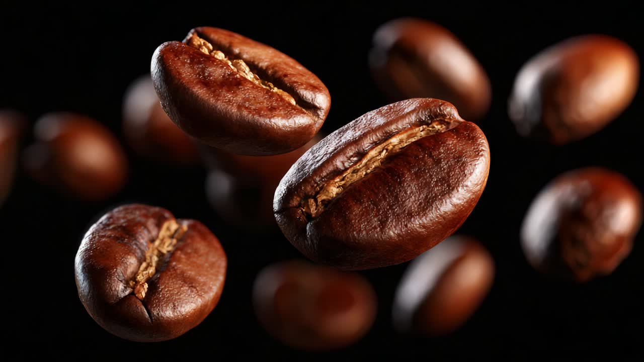 Primo piano di chicchi di caffè volanti catturati con dettagli straordinari, che mostrano i loro colori intensi e le loro texture su uno sfondo scuro, perfetti per gli amanti del caffè e gli appassionati.