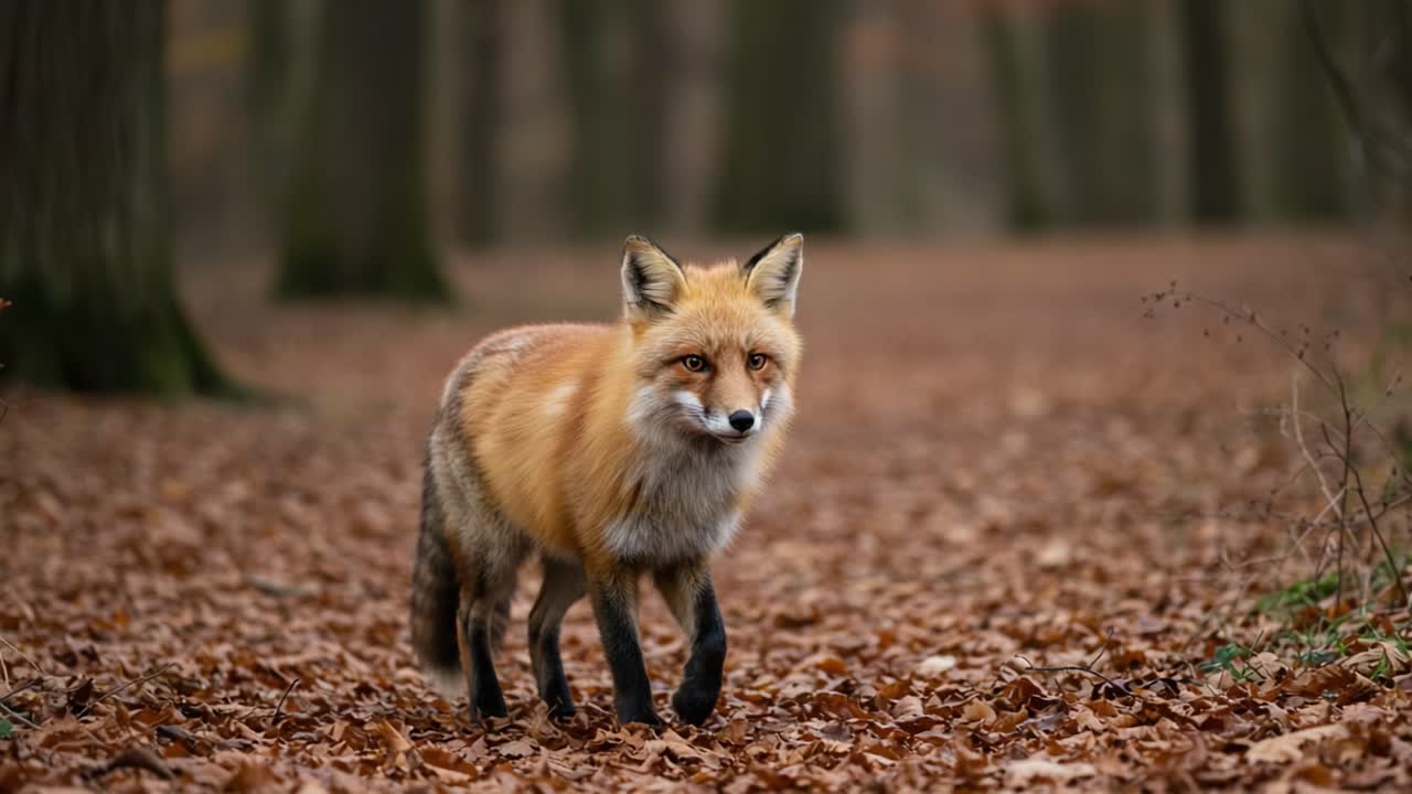 A Curious Fox Strolling Through a Leafy Forest Path, Captured in Two Frames That Showcase Its Graceful Movement Amidst Autumn's Vibrant Colors