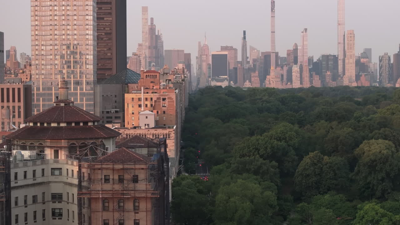 Aerial view of Central Park and Manhattan's Upper East Side. Shot at sunrise with Midtown Manhattan in the background