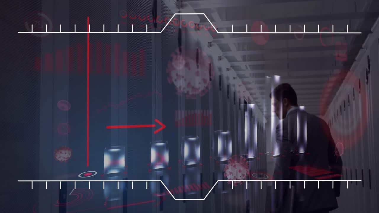 Coronavirus digital interface against man walking in the server room
