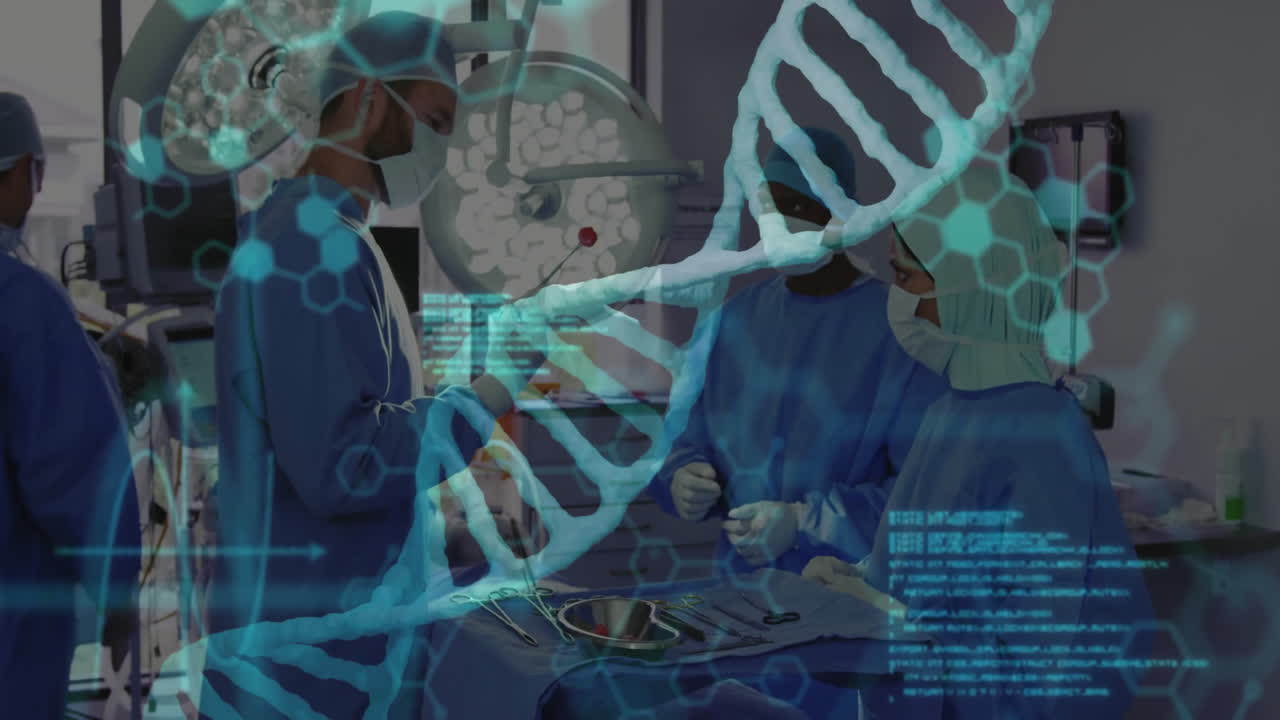 medical team performing surgery in hospital operating room, showing DNA helix and data overlays
