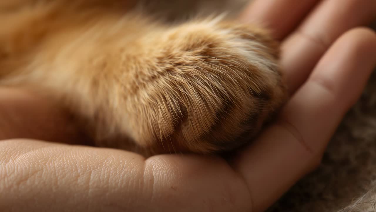 Battaniyede rahatlamış, evde bir insanın avucuna yerleşmiş zencefil renkli bir kedi patisi