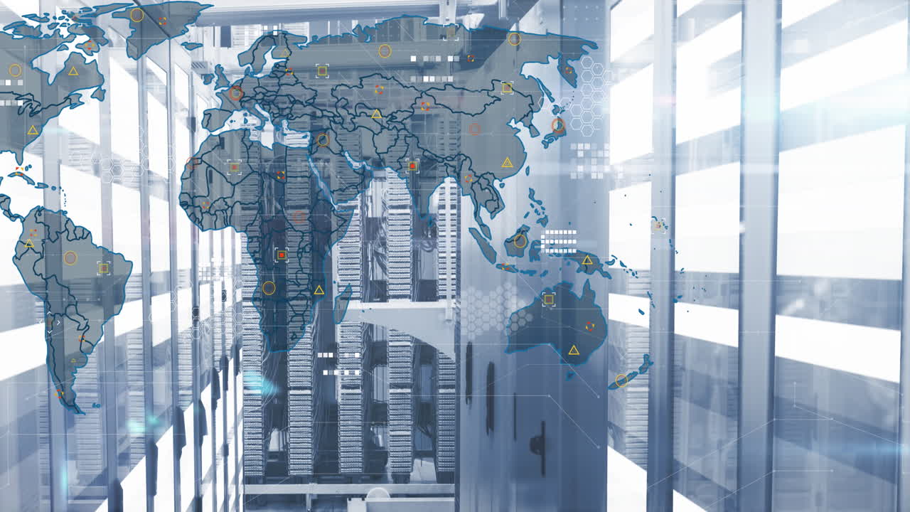 세계 지도, 통계 및 데이터 처리를 컴퓨터 서버를 통해 애니메이션