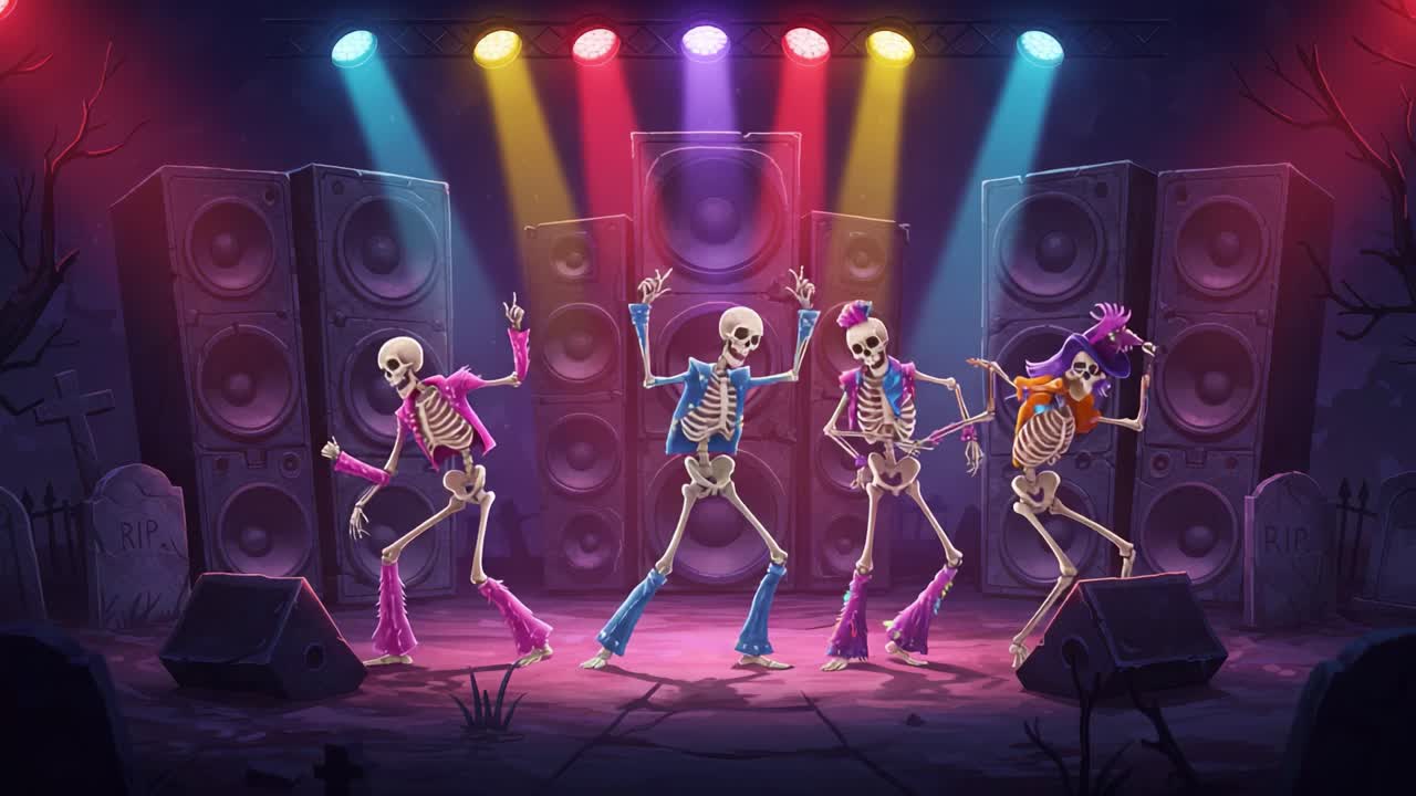 A Thrilling Halloween Dance Party Featuring Skeletons Grooving Under Colorful Spotlights in a Spooky Atmosphere with Giant Speakers