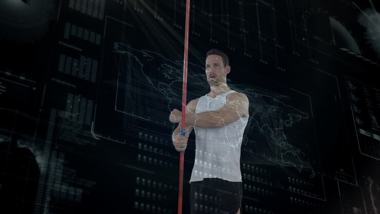 Athletic man adjusting red staff grip activating transparent tech holographic maps and data panels