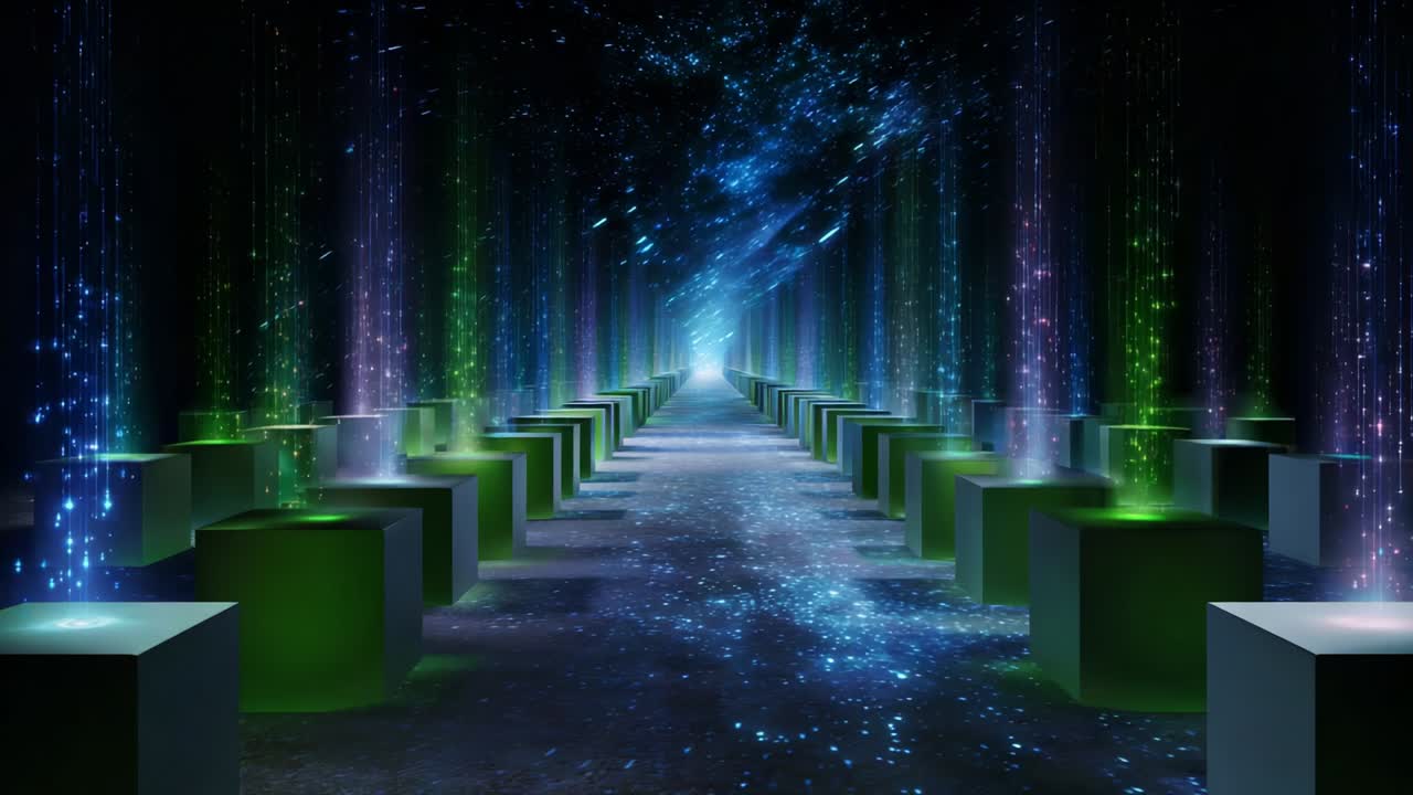 A mesmerizing digital landscape featuring illuminated green cubes and vibrant fountains, creating an enchanting corridor of light that extends into a beautifully designed cosmic background filled with stars
