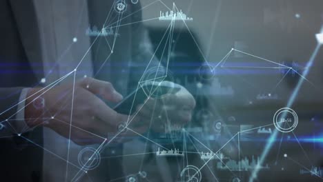 animation of data processing over caucasian businessman using smartphone
