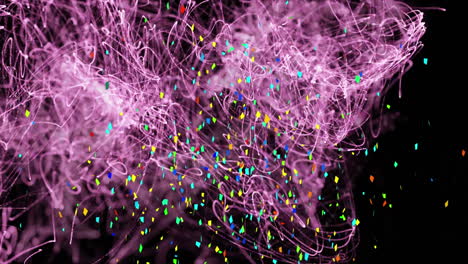 animación de confeti cayendo sobre una nube de energía rosa moviéndose sobre un fondo negro