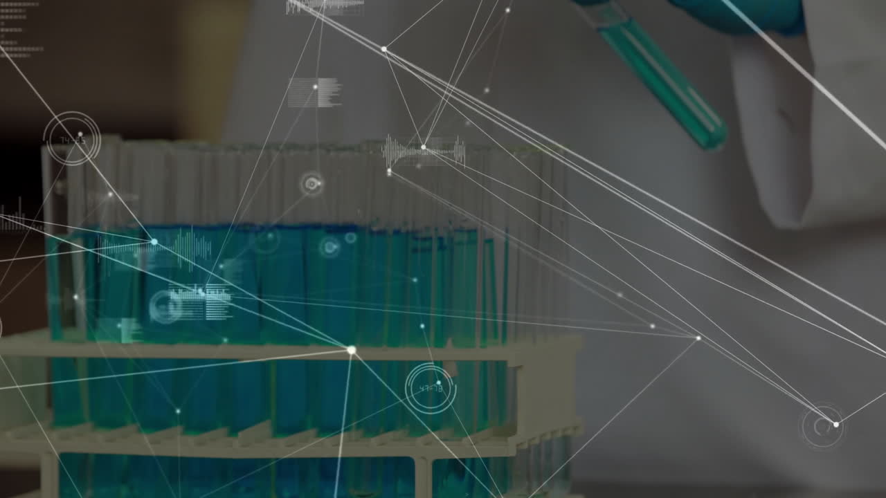 In laboratory, test tubes with blue liquid and data network overlay for research