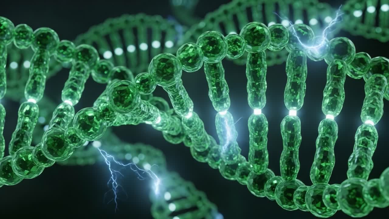 A Magnificent Visualization of DNA Structure with Radiant Green Helices and Dynamic Electric Energy, Showcasing the Intricate Design of Genetic Material
