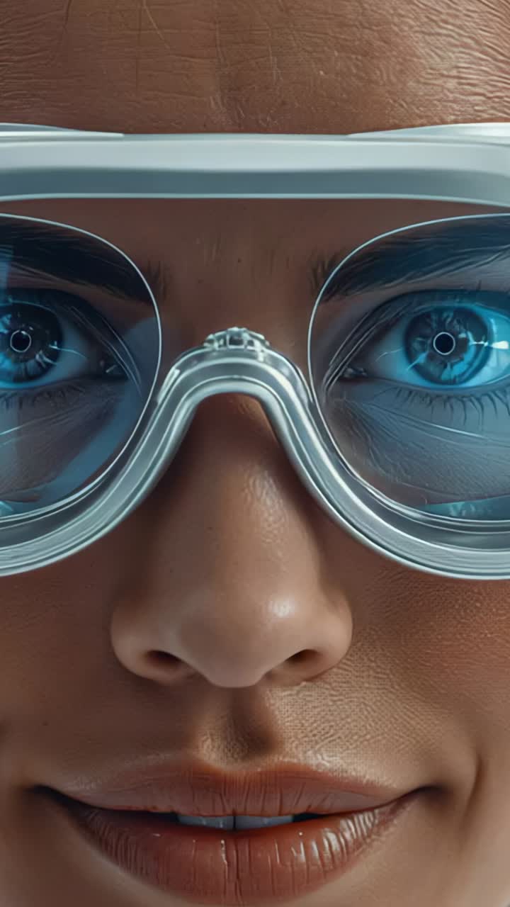 Vertical video: Blinking woman calibrating AR goggles in studio, stabilizing her holograms