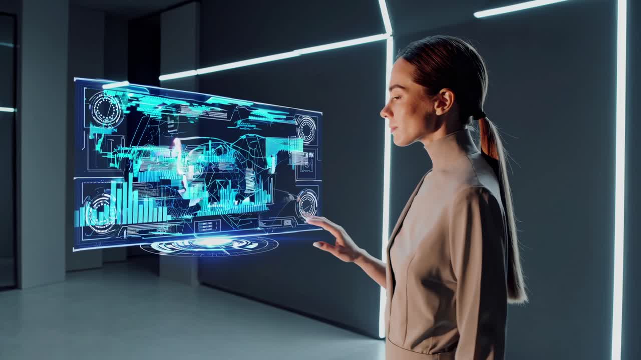 Concept video futuristico con un'angolazione di profilo laterale di una donna con un olografico
