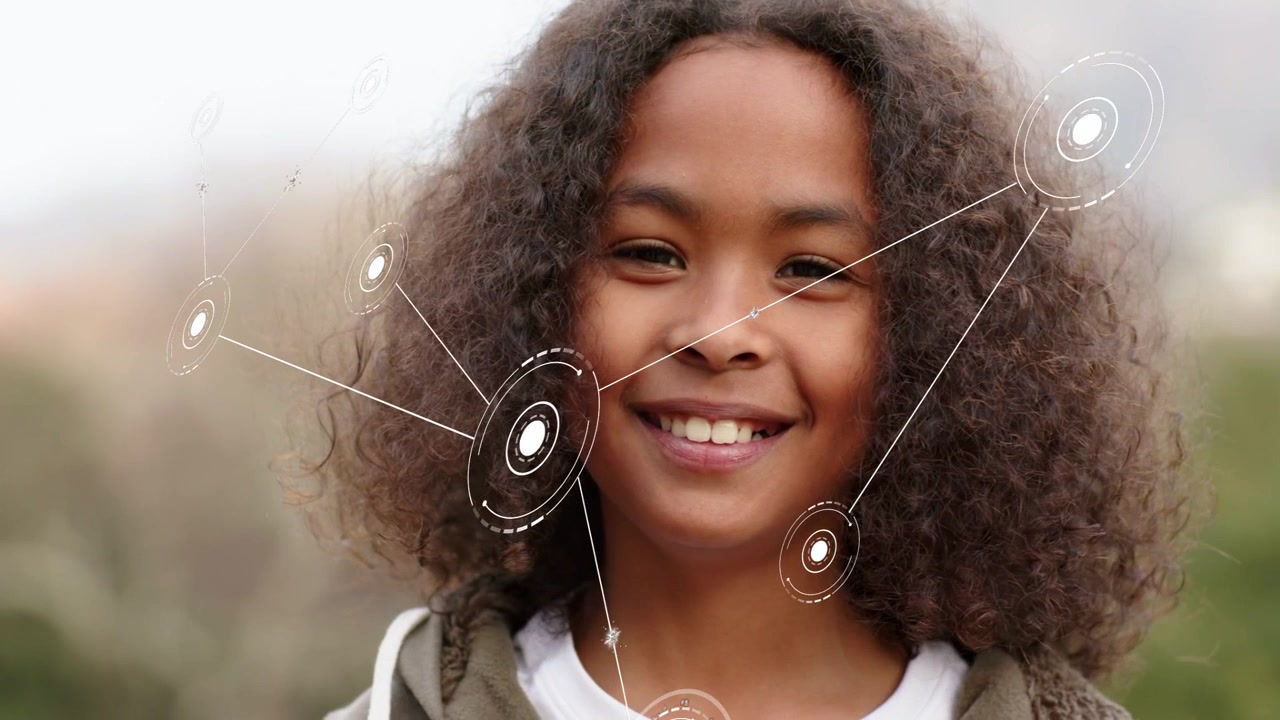 Vertical video: Boy standing ring forming tech nodes moving in linking smile widening mapping face