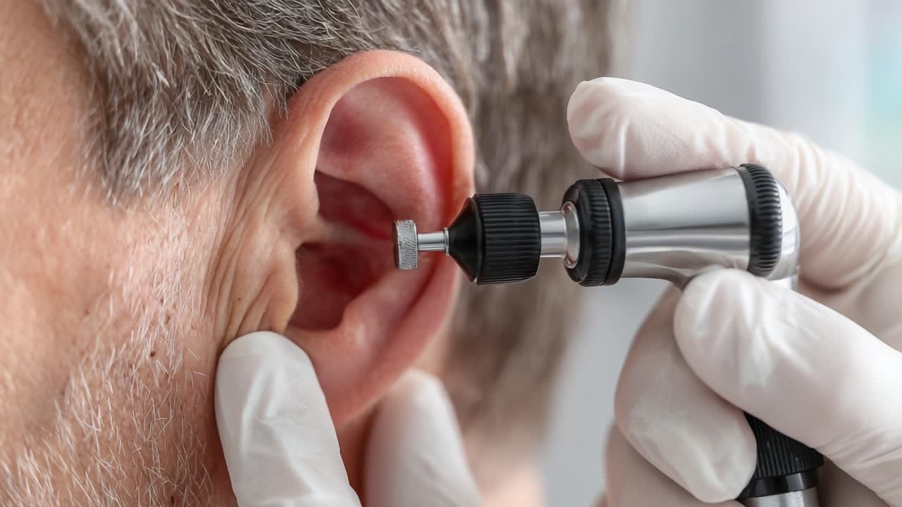 A Close-Up Examination of an Ear with an Otoscope: A Medical Procedure for Evaluating Ear Health and Identifying Potential Issues