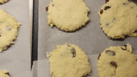 disparo lento de bandejas de bollos sin cocer listos para ser cocinados en el horno
