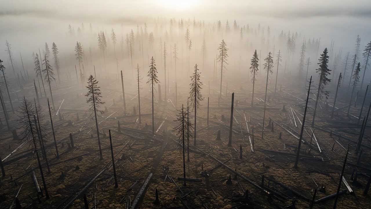 Aerial View of a Foggy Forest Landscape with Standing and Fallen Trees, Capturing the Eerie Beauty of Nature’s Resilience and Transformation in a Mystical Setting