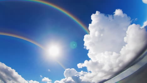 vibrant rainbow arching over expansive water and distant mountains