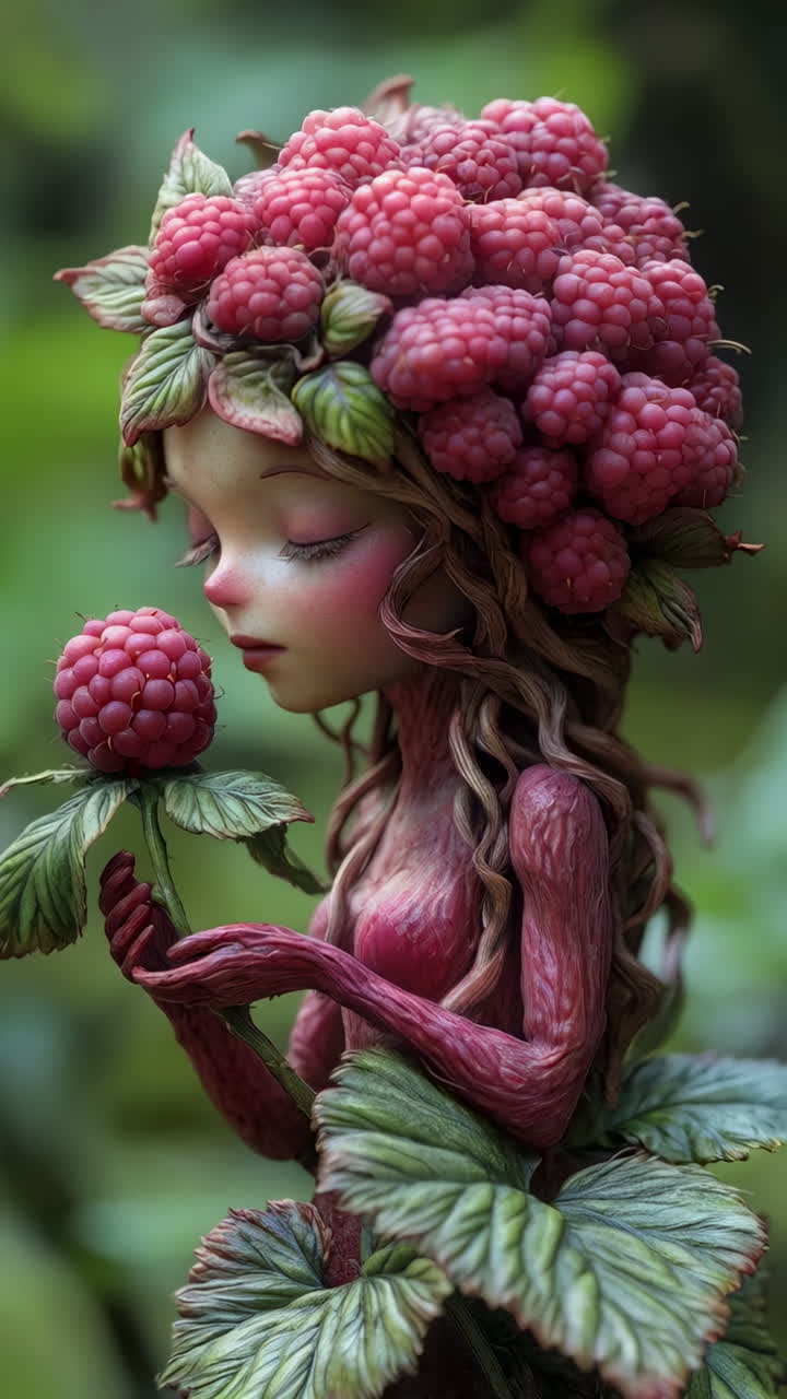 A whimsical raspberry fairy enchanted deeply within a lush and vibrant garden setting