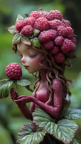 a whimsical raspberry fairy enchanted deeply within a lush and vibrant garden setting