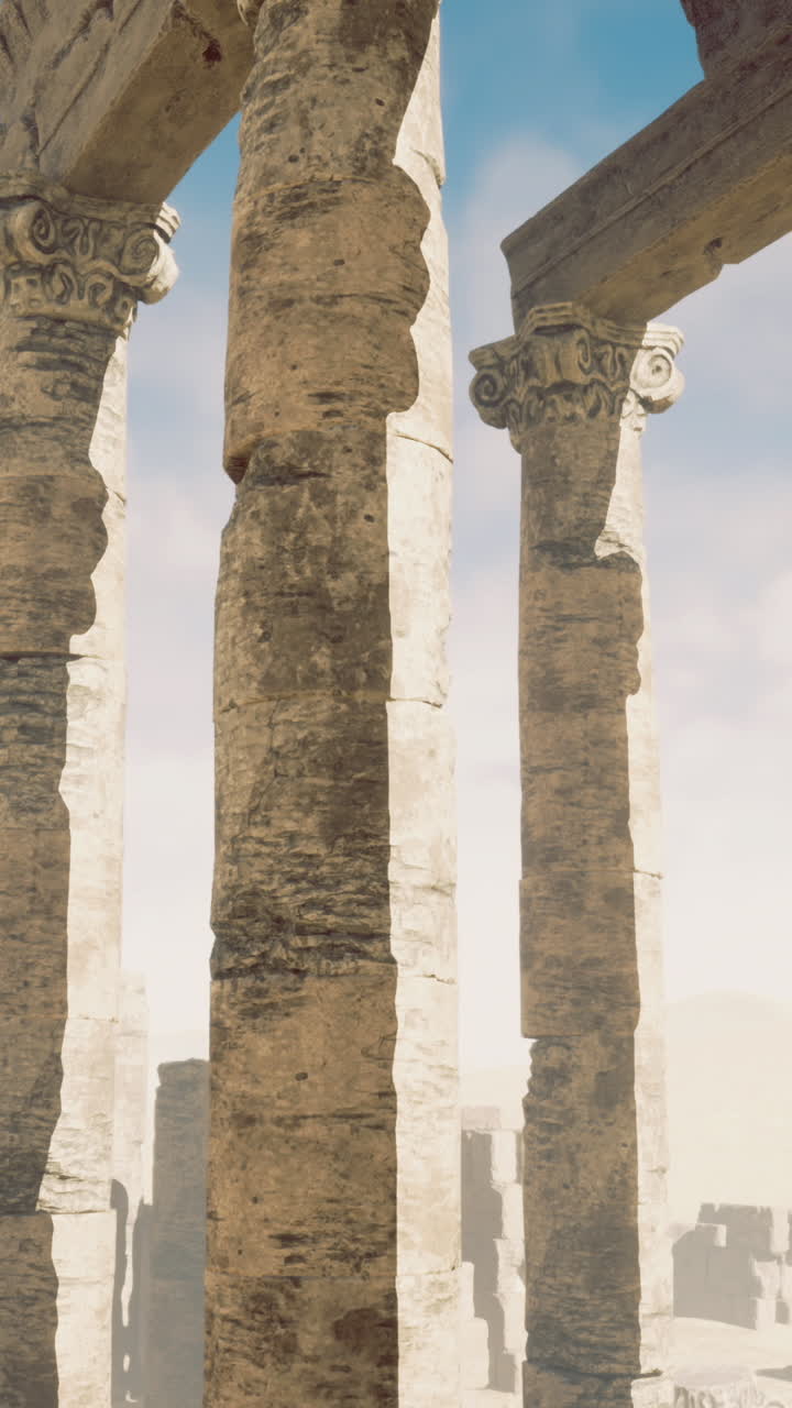 Alte colonne consumate dal tempo si ergono maestosamente in un paesaggio desertico arido.