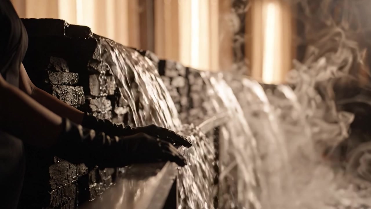 Una prospettiva serena: Acqua affascinante che scorre sulla pietra, valorizzata da un'illuminazione soffusa, crea un'atmosfera di calma e tranquillità in questo ambiente elegante.