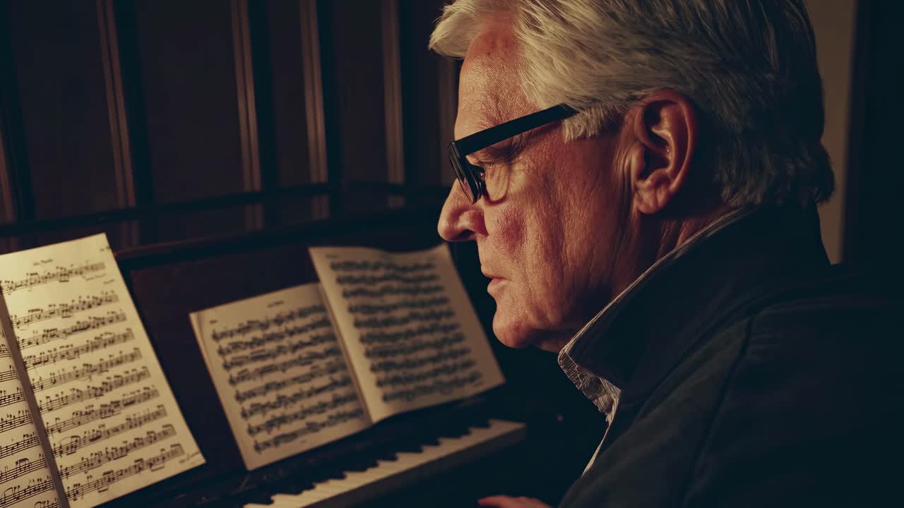 Side angle captures an elderly man playing piano, sheet music visible