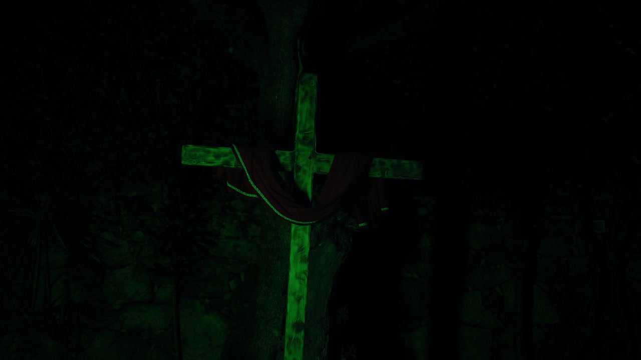 Wooden cross with cloth under green light camera pull back