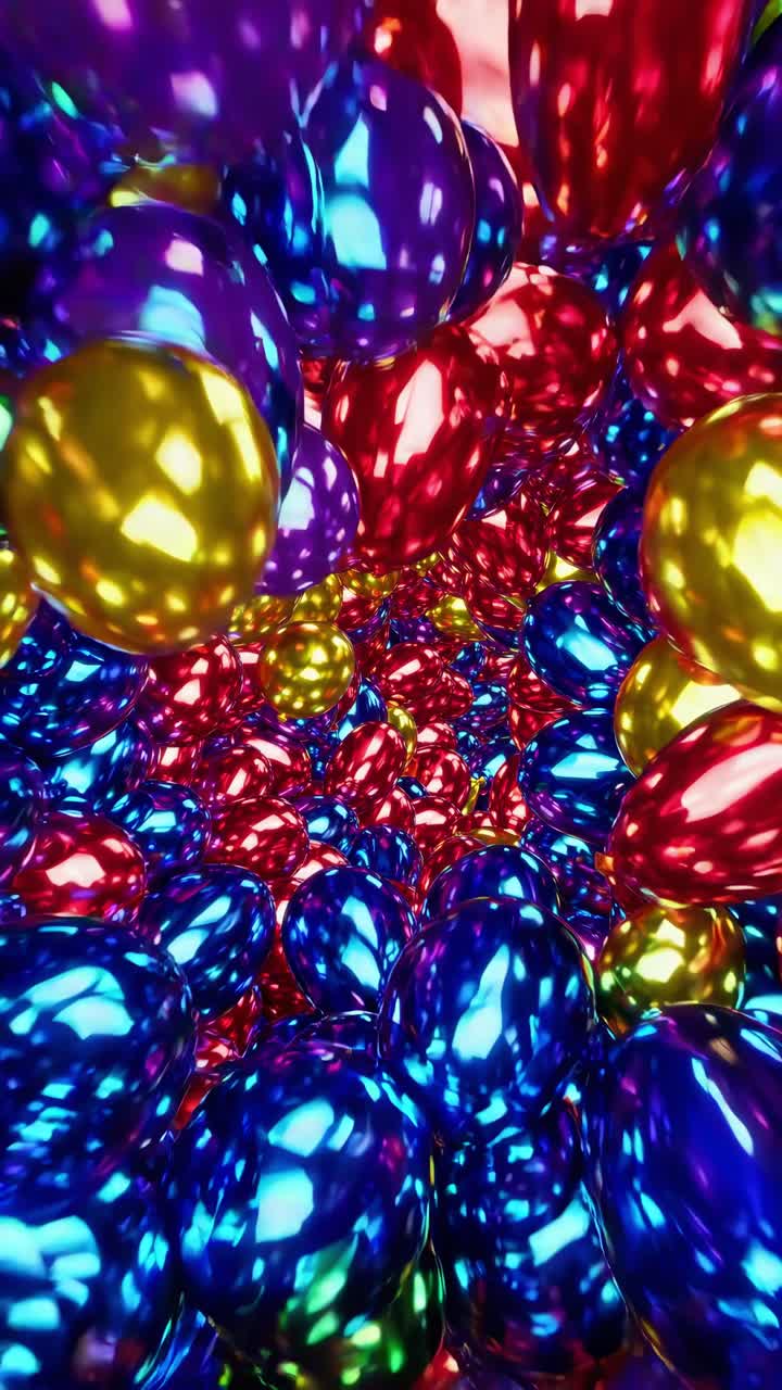 Palloncini riflettenti colorati creano un tunnel a spirale ipnotico in una sequenza di movimento vivace