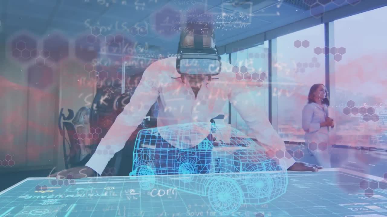 Animation of data processing over man in vr headset working in office