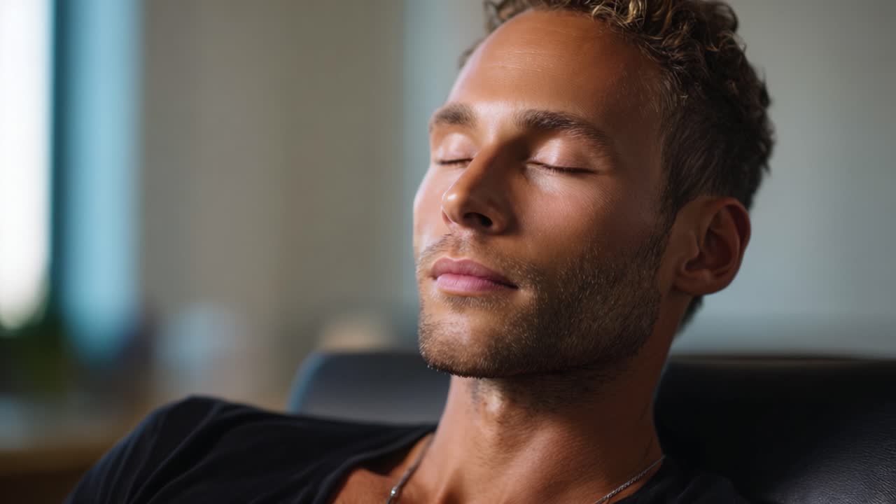 Calm and Relaxed Man Meditating with Eyes Closed, Inducing Serenity and Peacefulness in a Cozy Indoor Environment with Soft Natural Light Surrounding Him